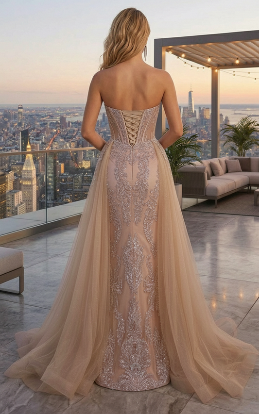 Strapless Beaded Lace Corset Mermaid Prom Dress with Tulle Overskirt | Sevoba