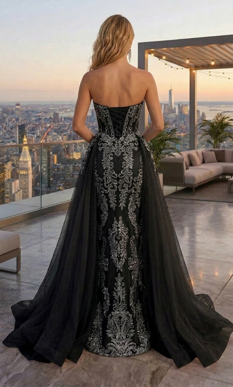 Strapless Beaded Lace Corset Mermaid Prom Dress with Tulle Overskirt | Sevoba