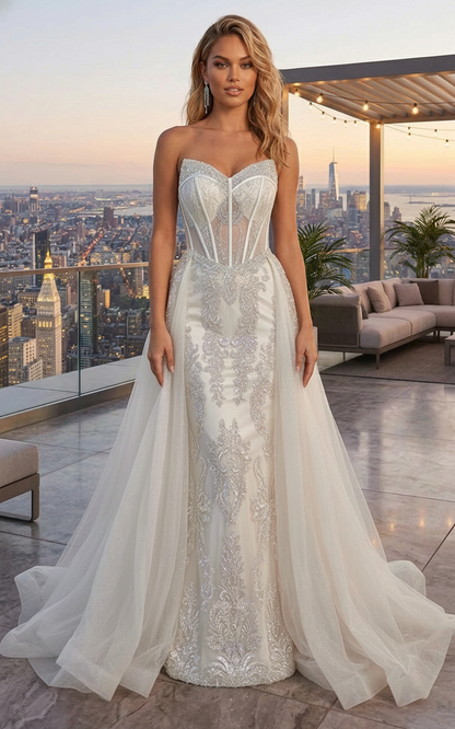 Strapless Beaded Lace Corset Mermaid Prom Dress with Tulle Overskirt | Sevoba