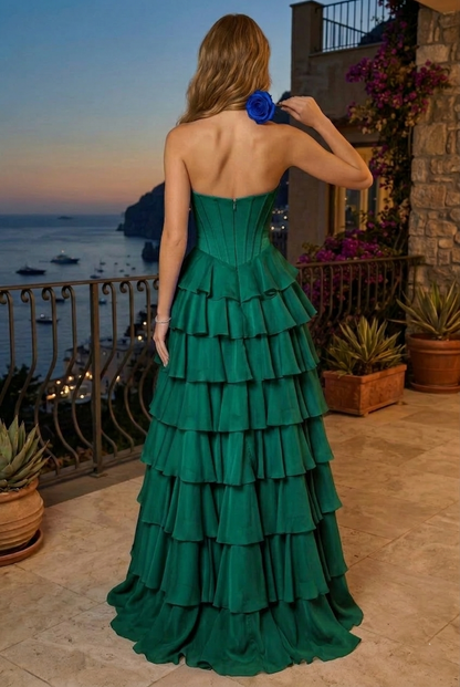Strapless Beaded Sweetheart Corset Tiered Chiffon Prom Dress with Slit | Sevoba