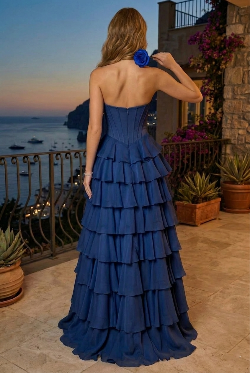 Strapless Beaded Sweetheart Corset Tiered Chiffon Prom Dress with Slit | Sevoba