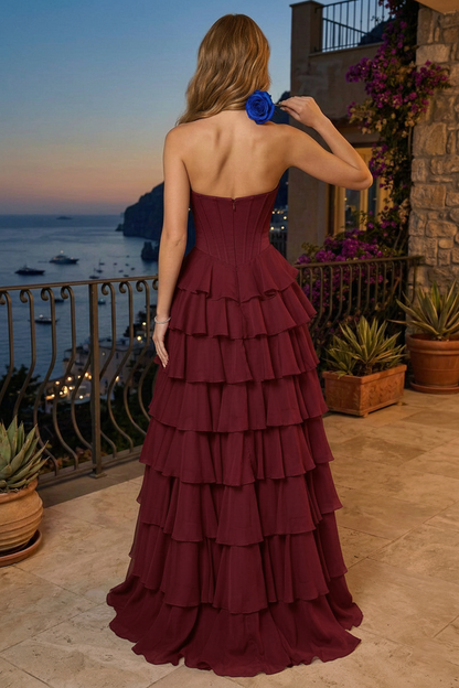 Strapless Beaded Sweetheart Corset Tiered Chiffon Prom Dress with Slit | Sevoba