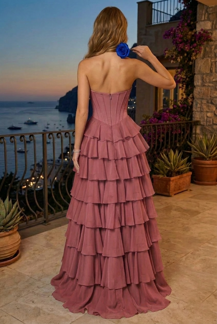 Strapless Beaded Sweetheart Corset Tiered Chiffon Prom Dress with Slit | Sevoba