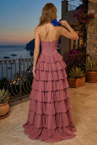 Strapless Beaded Sweetheart Corset Tiered Chiffon Prom Dress with Slit | Sevoba