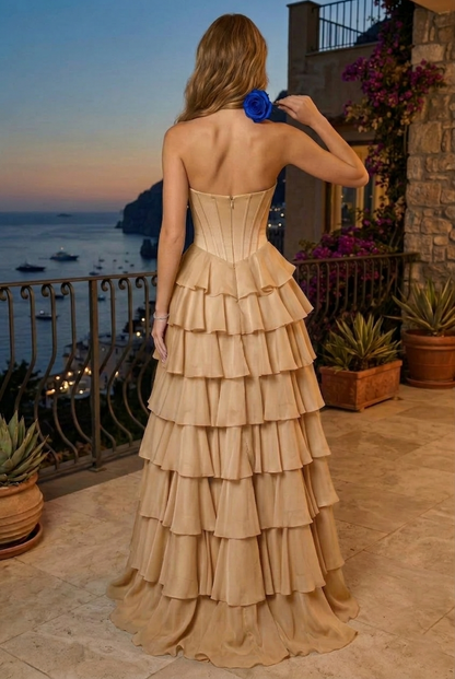 Strapless Beaded Sweetheart Corset Tiered Chiffon Prom Dress with Slit | Sevoba