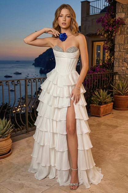 Strapless Beaded Sweetheart Corset Tiered Chiffon Prom Dress with Slit | Sevoba