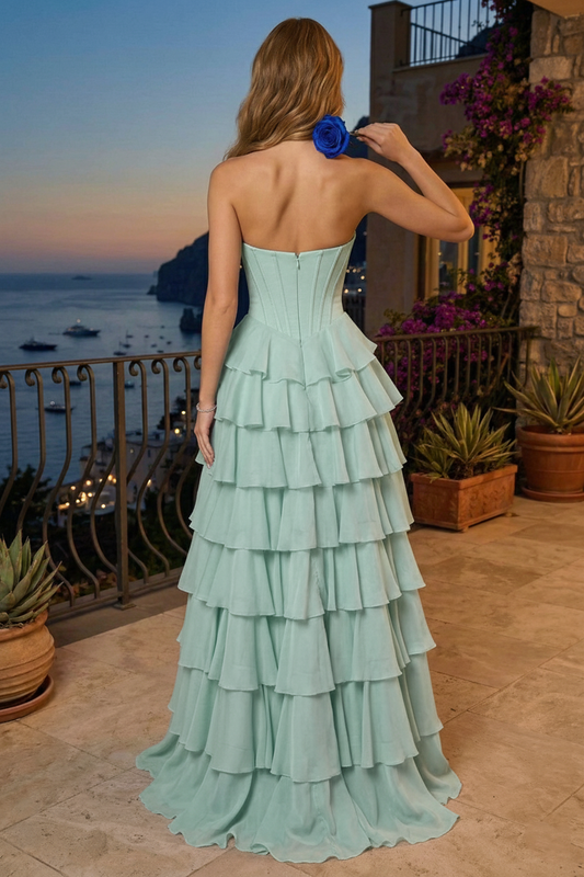 Strapless Beaded Sweetheart Corset Tiered Chiffon Prom Dress with Slit | Sevoba
