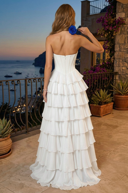 Strapless Beaded Sweetheart Corset Tiered Chiffon Prom Dress with Slit | Sevoba