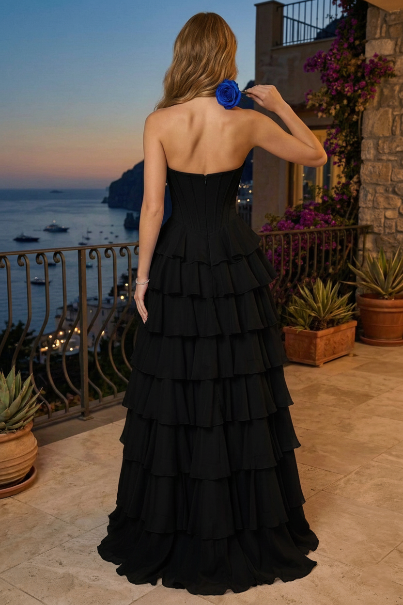 Strapless Beaded Sweetheart Corset Tiered Chiffon Prom Dress with Slit | Sevoba