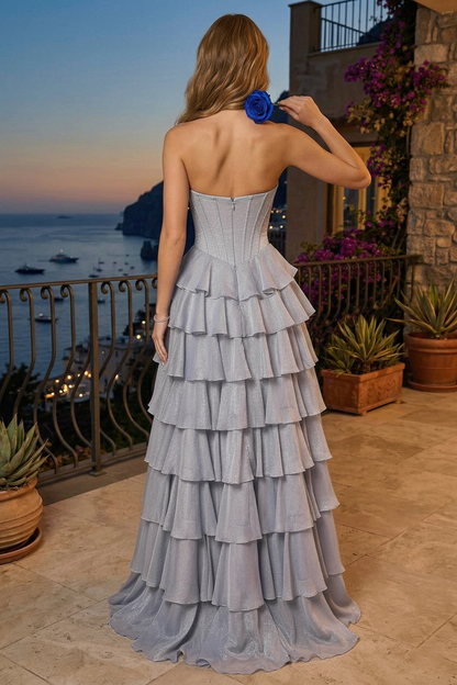 Strapless Beaded Sweetheart Corset Tiered Chiffon Prom Dress with Slit | Sevoba