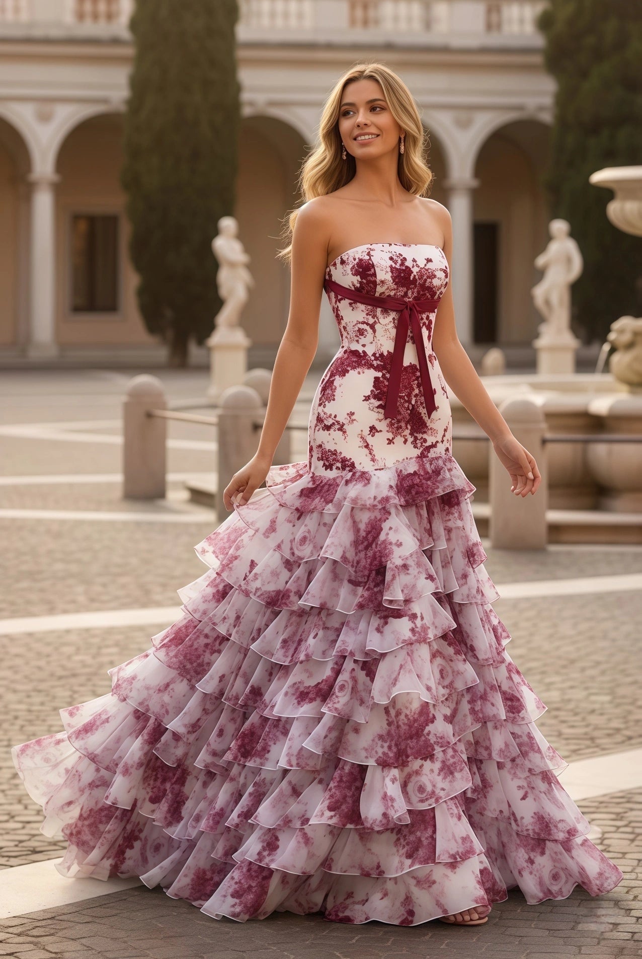 Strapless Floral Tiered Mermaid Prom Dress | Sevoba