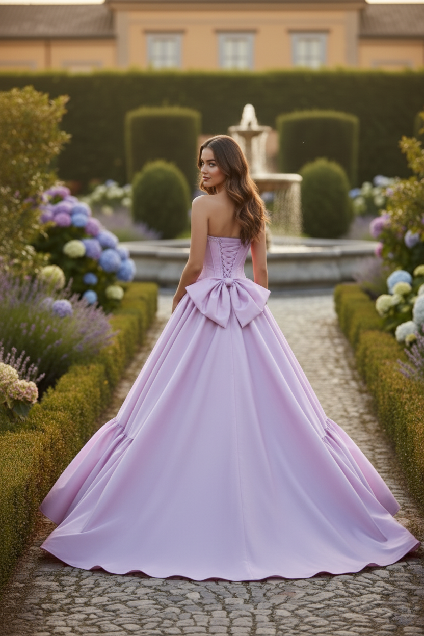Strapless Corset Satin Ball Gown Prom Dress with Bow Detail | Sevoba