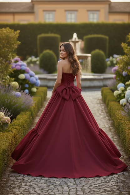 Strapless Corset Satin Ball Gown Prom Dress with Bow Detail | Sevoba