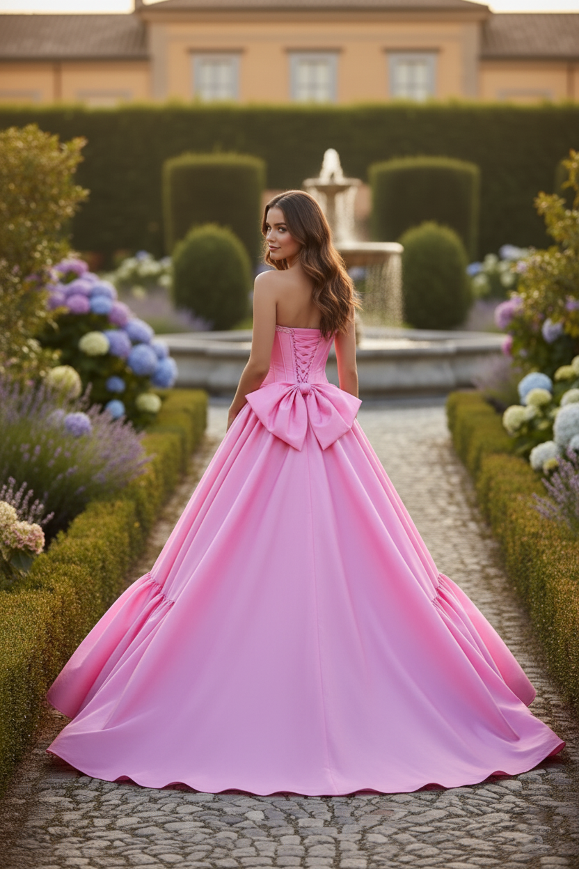 Strapless Corset Satin Ball Gown Prom Dress with Bow Detail | Sevoba