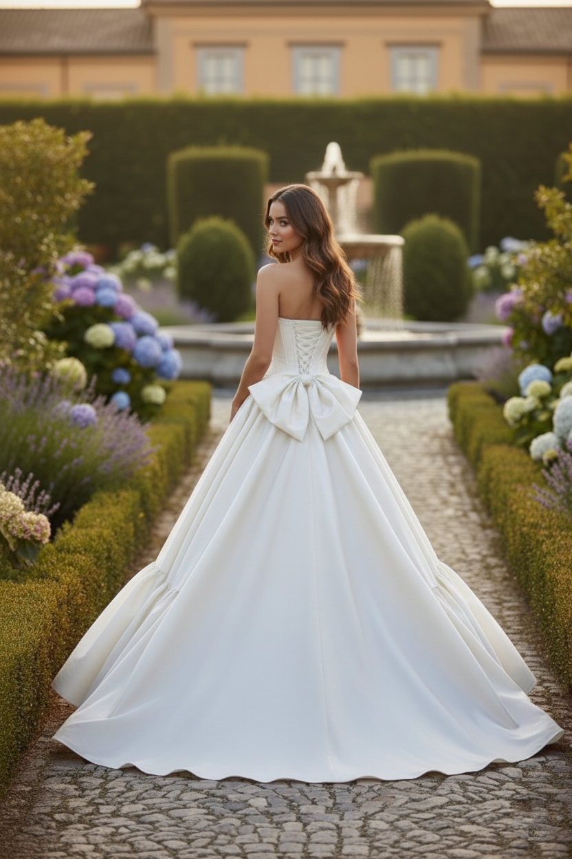 Strapless Corset Satin Ball Gown Prom Dress with Bow Detail | Sevoba
