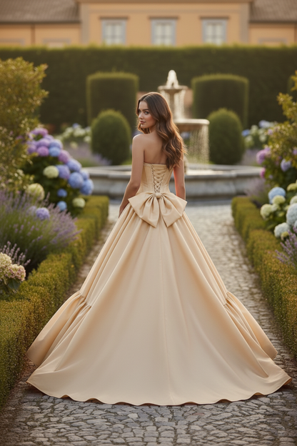Strapless Corset Satin Ball Gown Prom Dress with Bow Detail | Sevoba