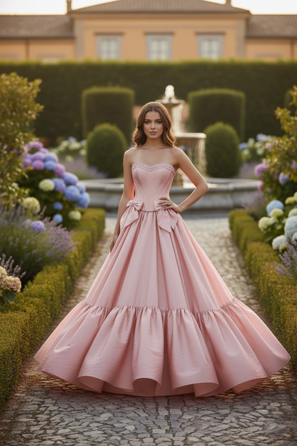 Strapless Corset Satin Ball Gown Prom Dress with Bow Detail | Sevoba
