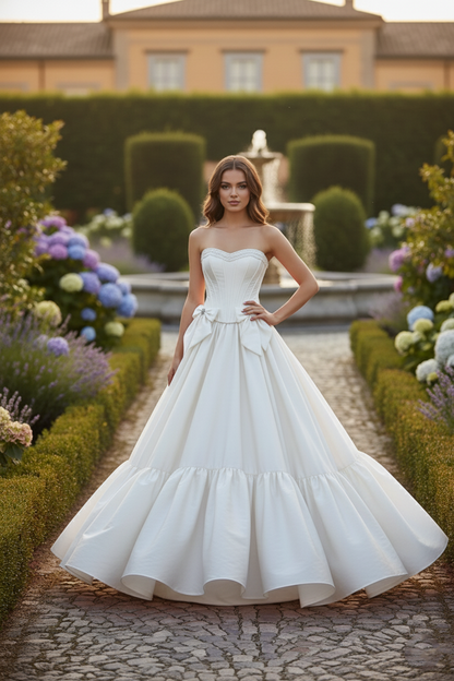 Strapless Corset Satin Ball Gown Prom Dress with Bow Detail | Sevoba