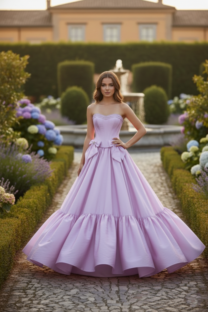 Strapless Corset Satin Ball Gown Prom Dress with Bow Detail | Sevoba
