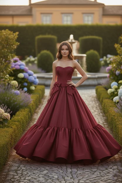 Strapless Corset Satin Ball Gown Prom Dress with Bow Detail | Sevoba