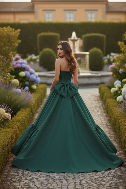 Strapless Corset Satin Ball Gown Prom Dress with Bow Detail | Sevoba