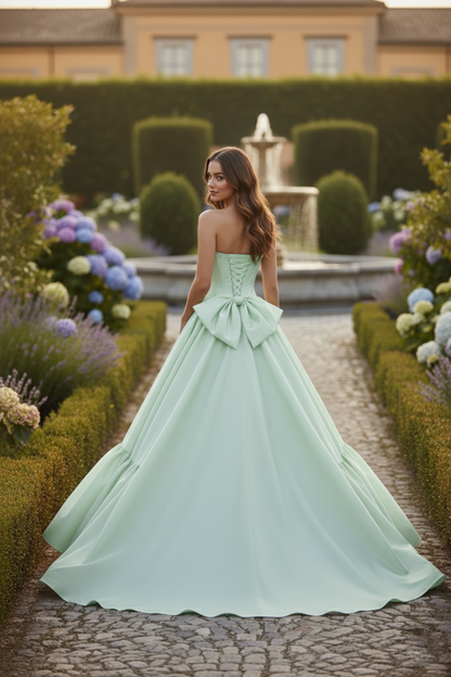 Strapless Corset Satin Ball Gown Prom Dress with Bow Detail | Sevoba