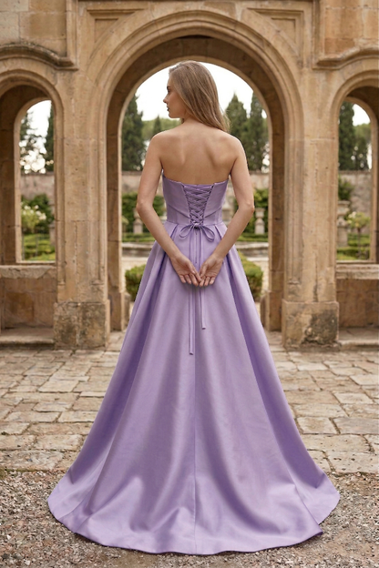Strapless Draped Satin Ball Gown Prom Dress with Beaded Tulle Overlay | Sevoba