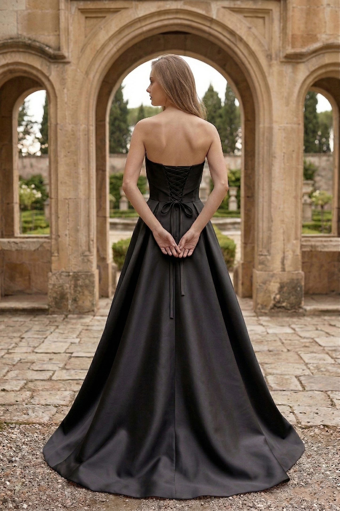 Strapless Draped Satin Ball Gown Prom Dress with Beaded Tulle Overlay | Sevoba