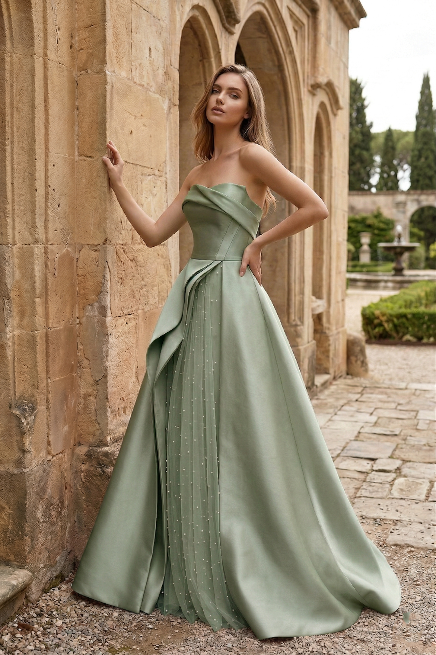 Strapless Draped Satin Ball Gown Prom Dress with Beaded Tulle Overlay | Sevoba