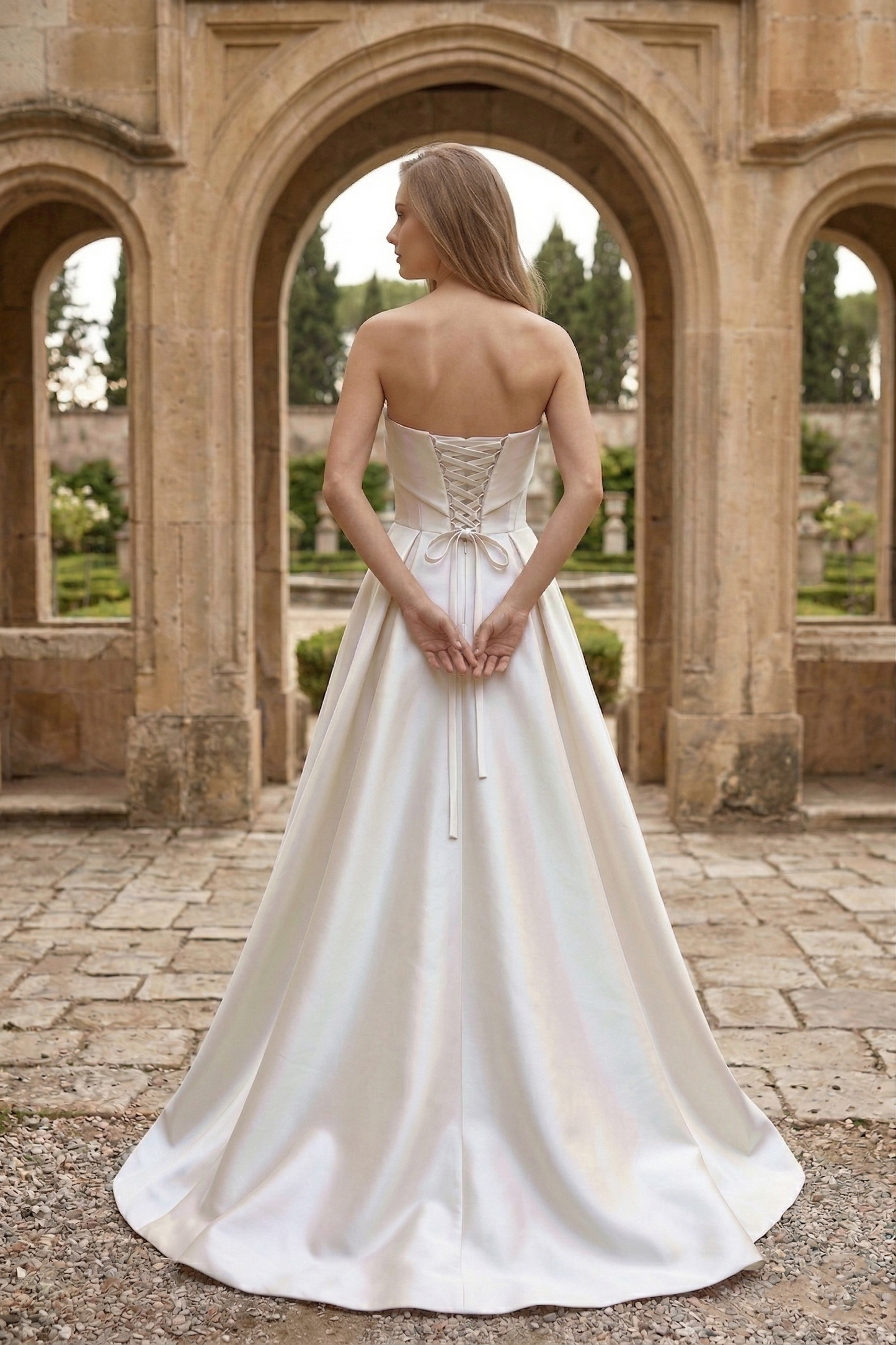Strapless Draped Satin Ball Gown Prom Dress with Beaded Tulle Overlay | Sevoba