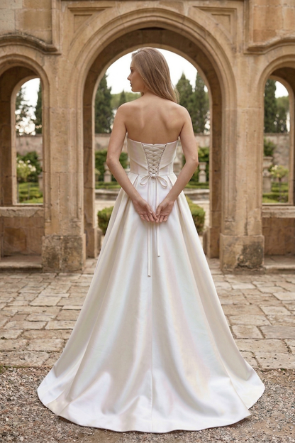 Strapless Draped Satin Ball Gown Prom Dress with Beaded Tulle Overlay | Sevoba