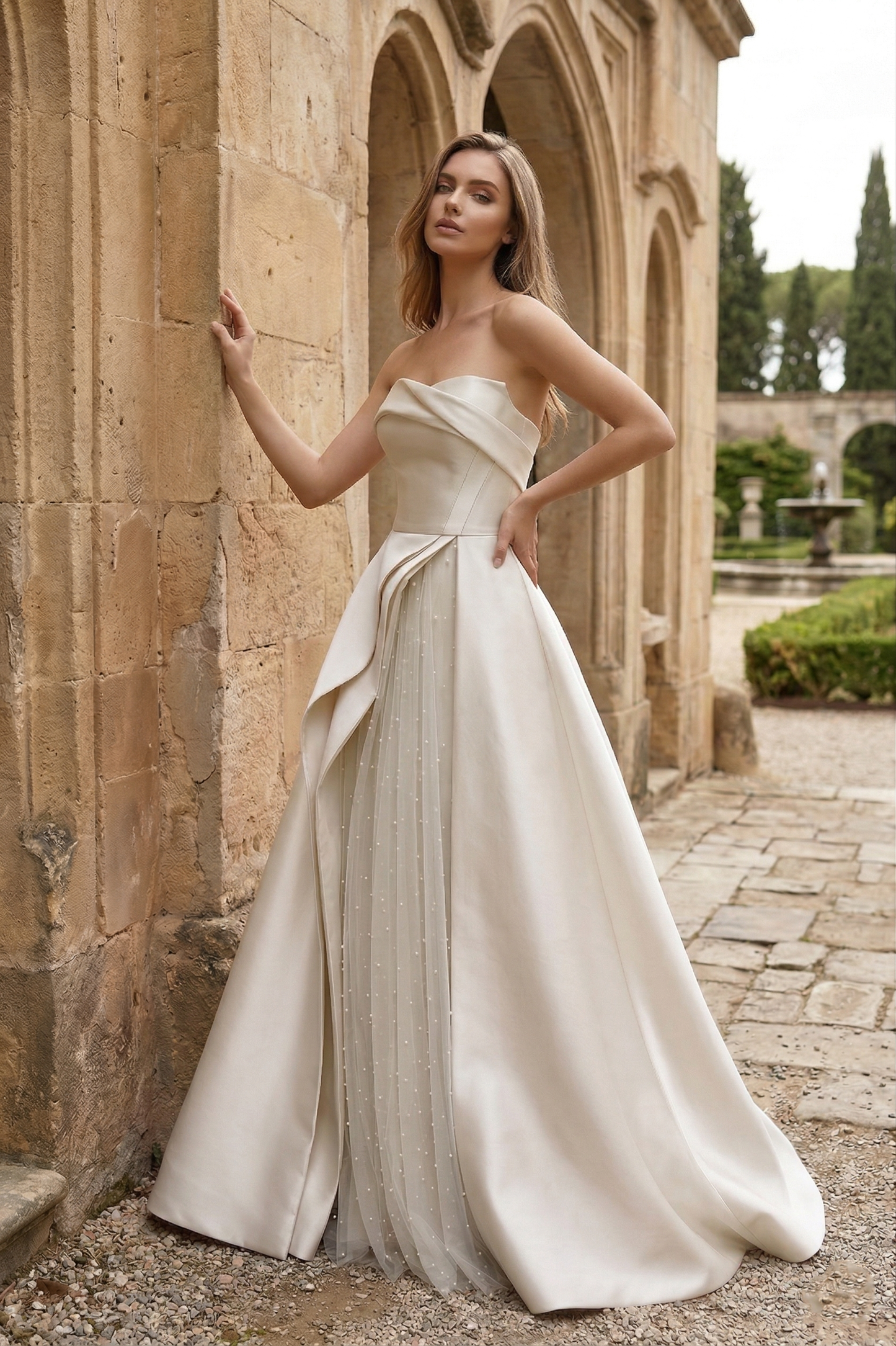 Strapless Draped Satin Ball Gown Prom Dress with Beaded Tulle Overlay | Sevoba
