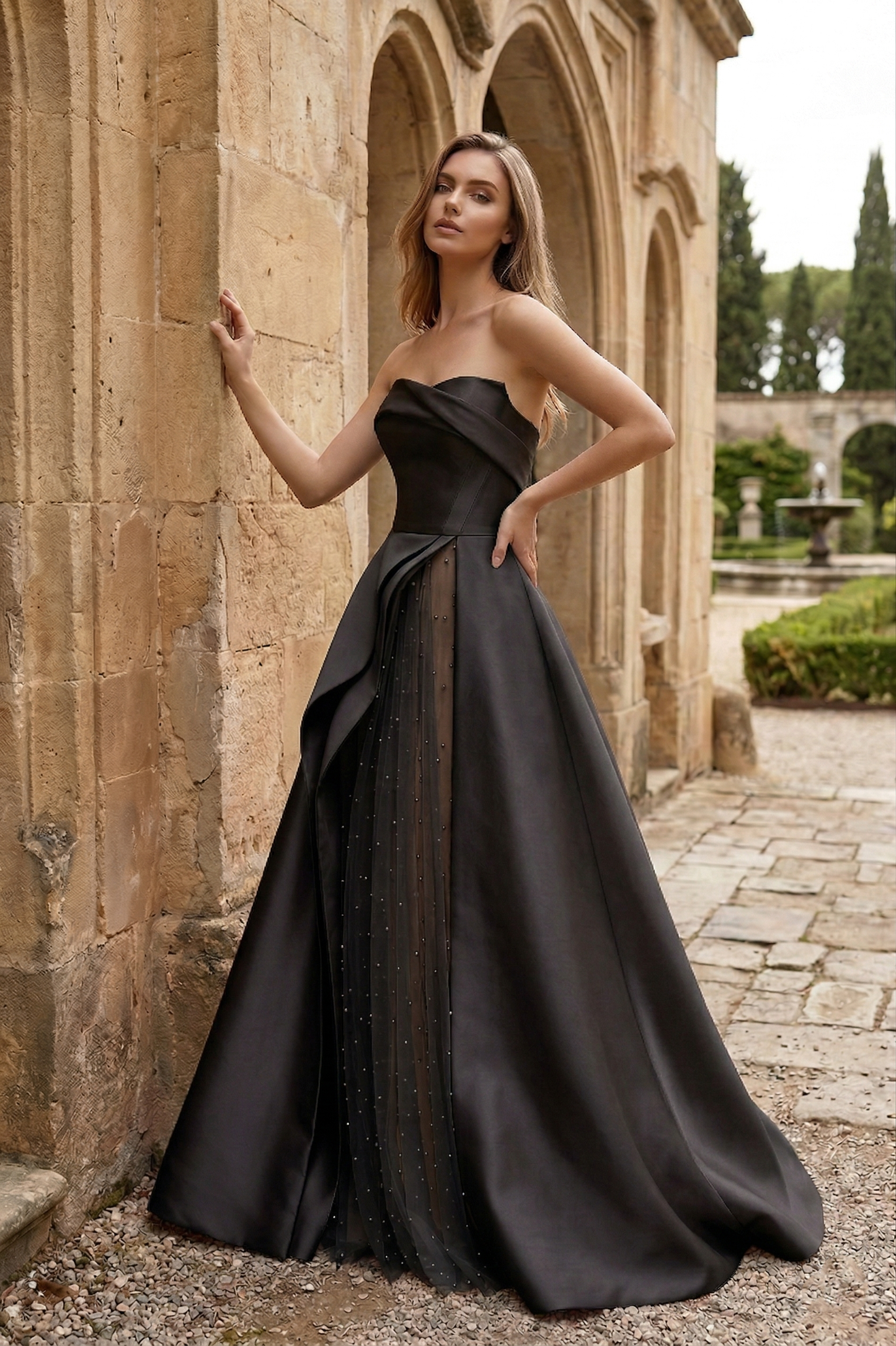 Strapless Draped Satin Ball Gown Prom Dress with Beaded Tulle Overlay | Sevoba