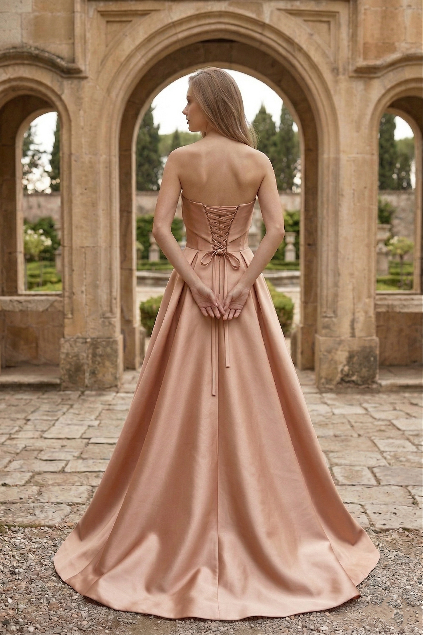 Strapless Draped Satin Ball Gown Prom Dress with Beaded Tulle Overlay | Sevoba