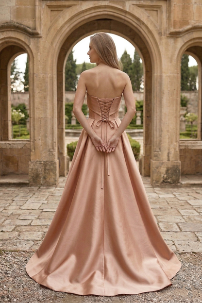 Strapless Draped Satin Ball Gown Prom Dress with Beaded Tulle Overlay | Sevoba
