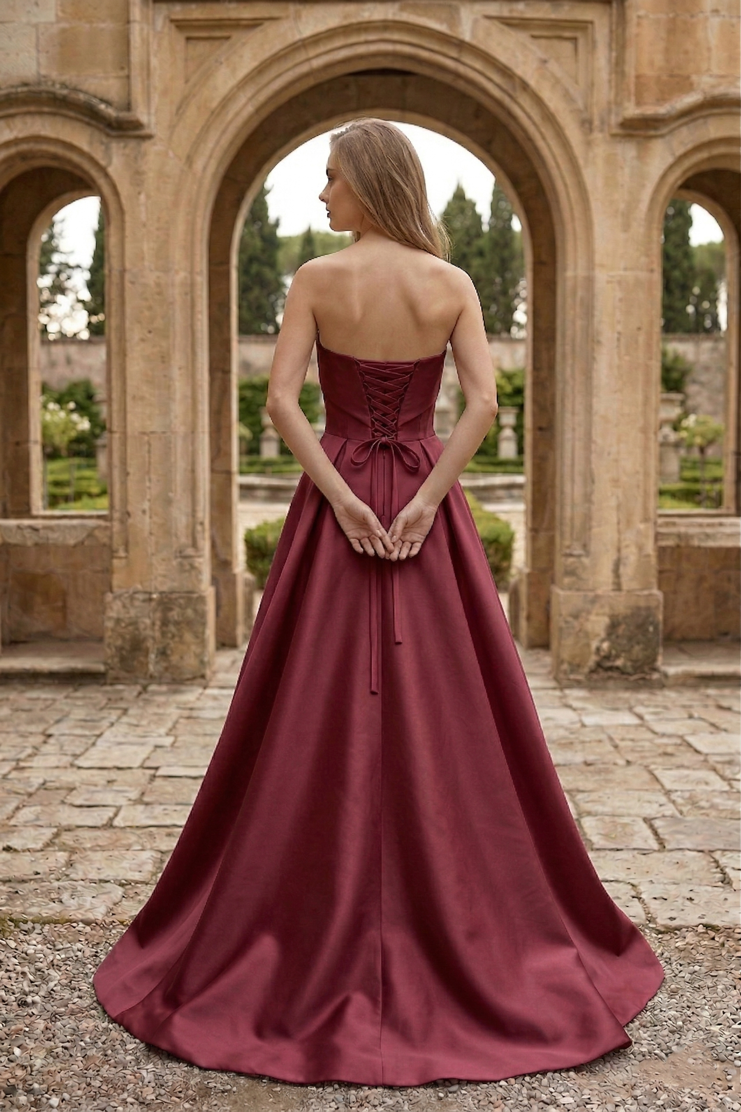 Strapless Draped Satin Ball Gown Prom Dress with Beaded Tulle Overlay | Sevoba