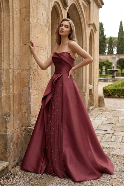 Strapless Draped Satin Ball Gown Prom Dress with Beaded Tulle Overlay | Sevoba