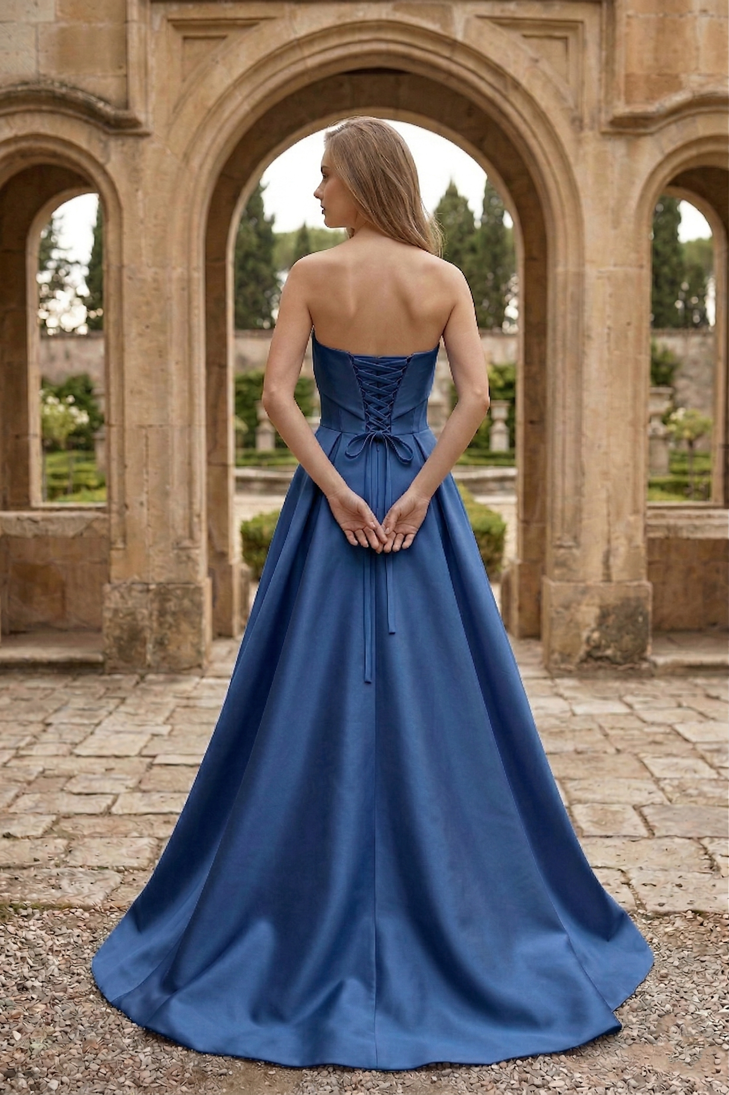 Strapless Draped Satin Ball Gown Prom Dress with Beaded Tulle Overlay | Sevoba