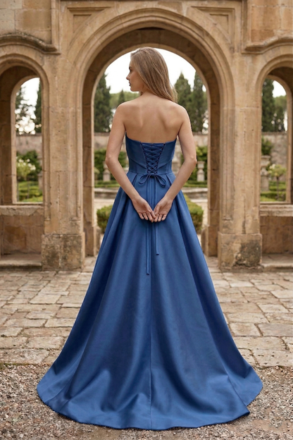 Strapless Draped Satin Ball Gown Prom Dress with Beaded Tulle Overlay | Sevoba