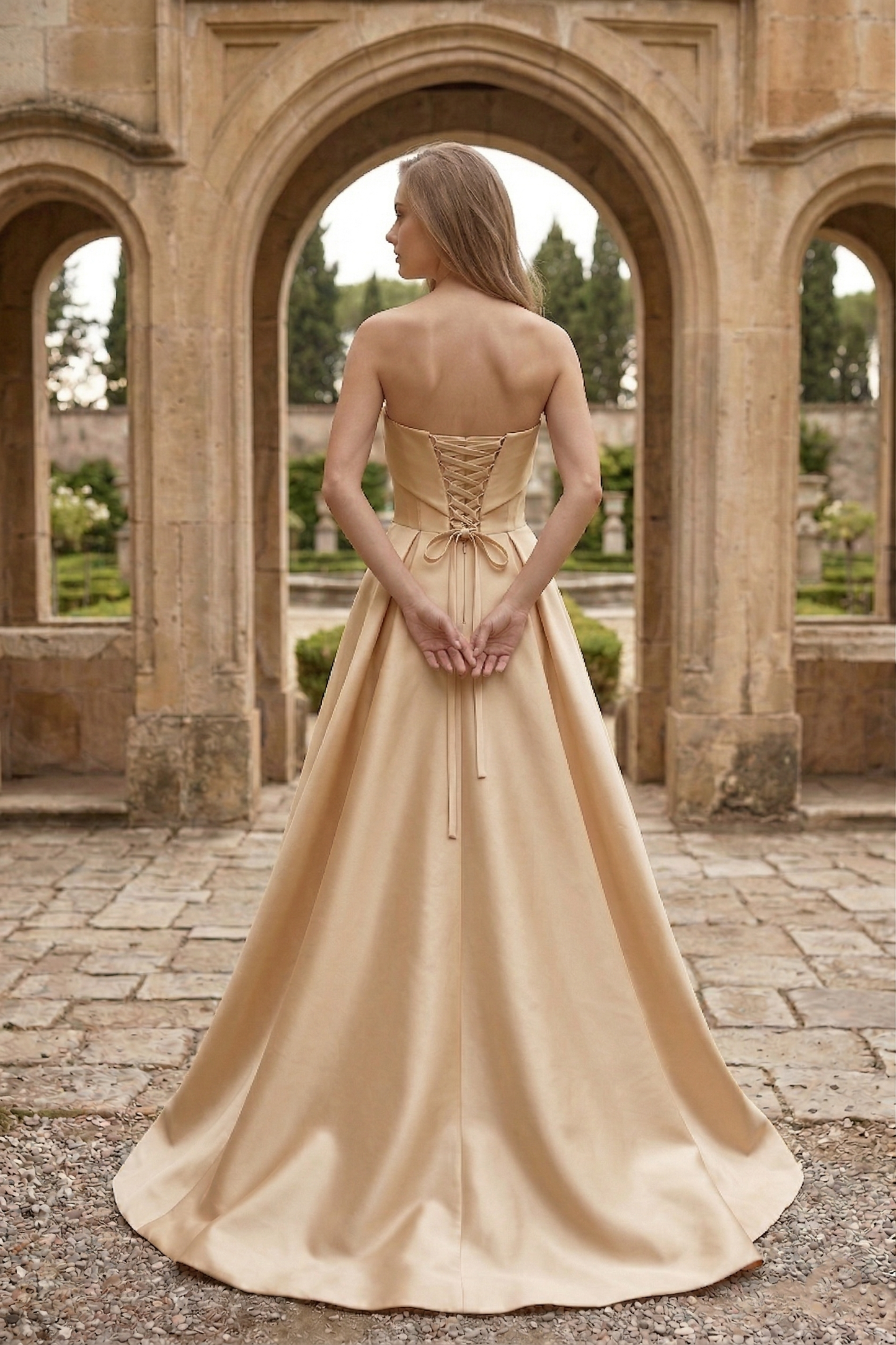 Strapless Draped Satin Ball Gown Prom Dress with Beaded Tulle Overlay | Sevoba