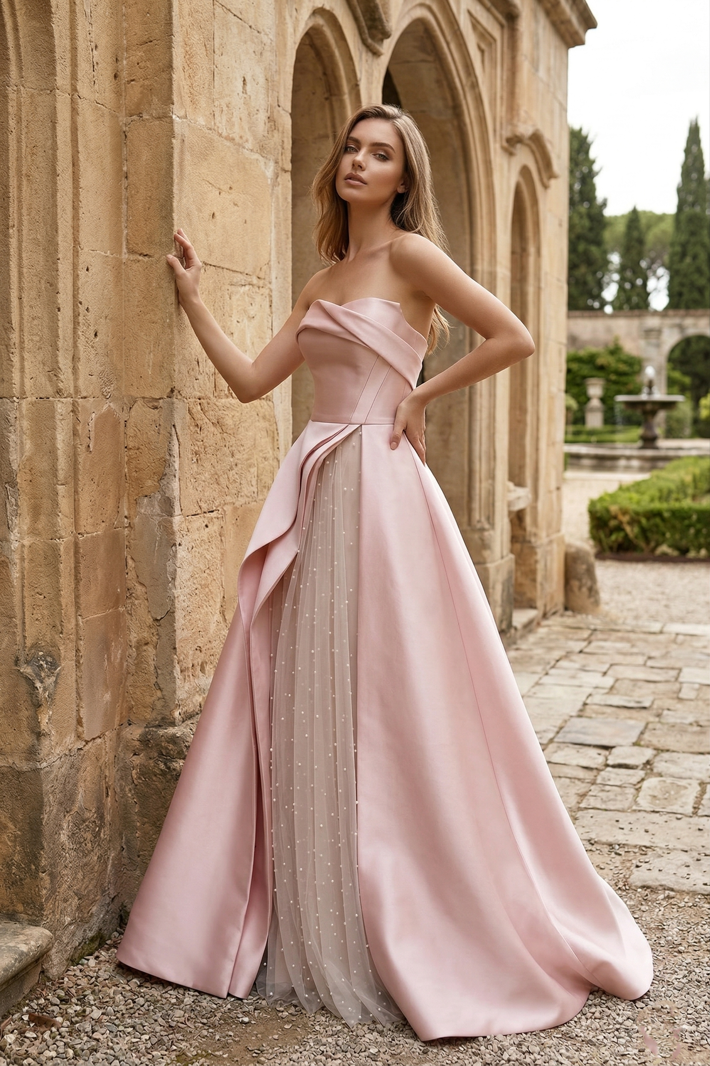 Strapless Draped Satin Ball Gown Prom Dress with Beaded Tulle Overlay | Sevoba