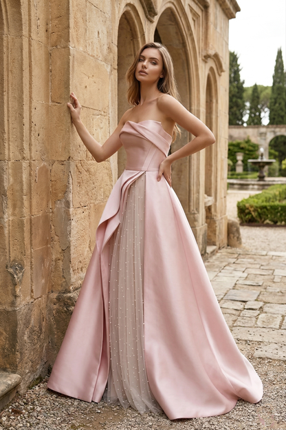 Strapless Draped Satin Ball Gown Prom Dress with Beaded Tulle Overlay | Sevoba