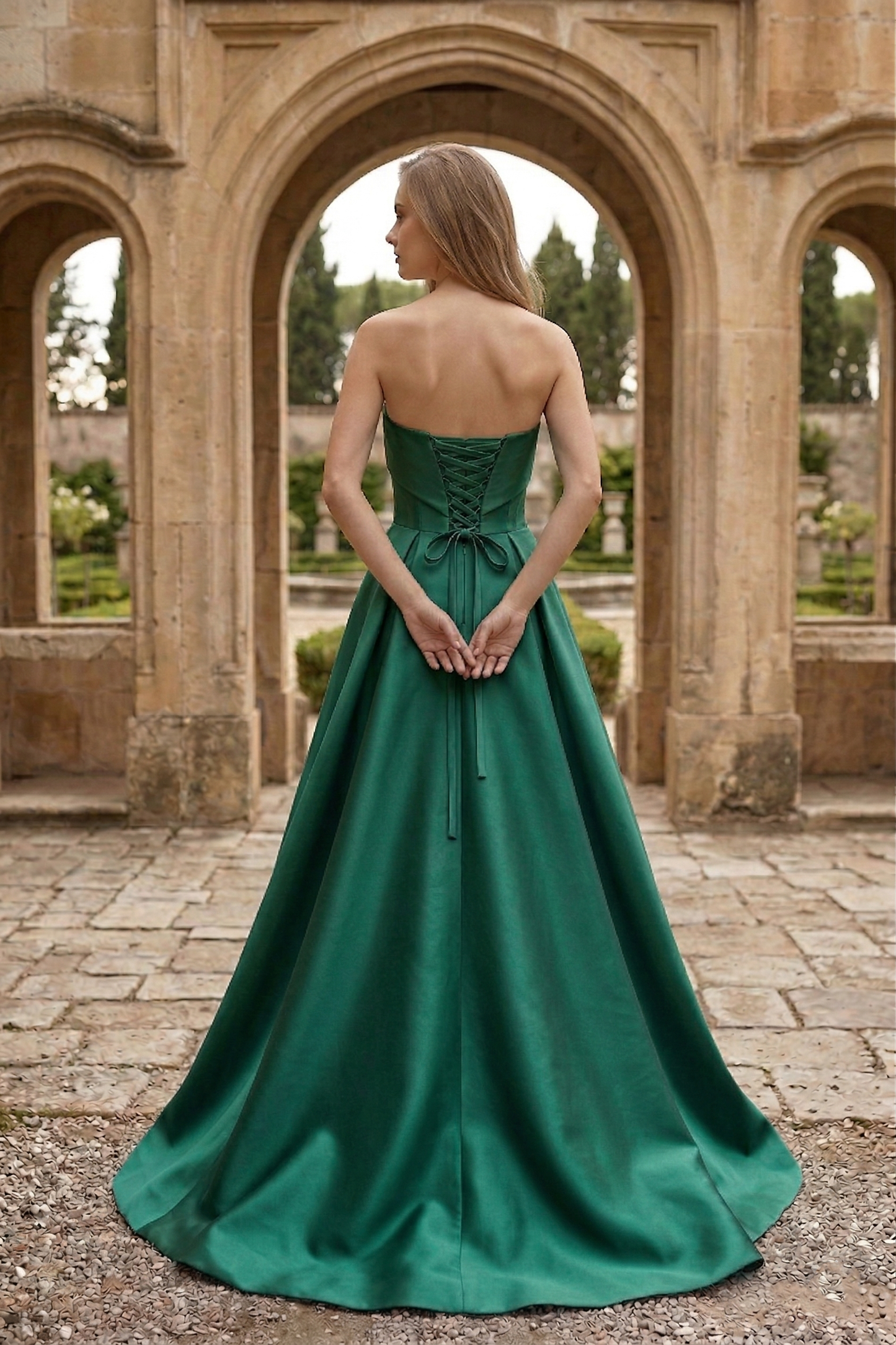 Strapless Draped Satin Ball Gown Prom Dress with Beaded Tulle Overlay | Sevoba