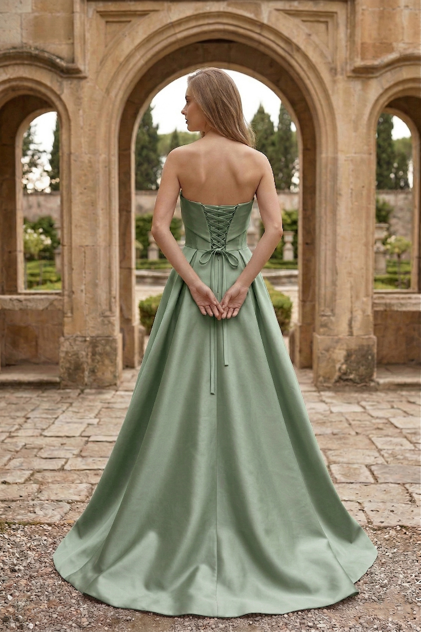 Strapless Draped Satin Ball Gown Prom Dress with Beaded Tulle Overlay | Sevoba