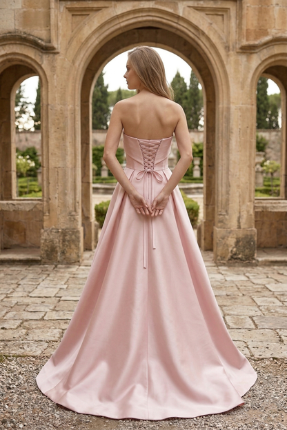 Strapless Draped Satin Ball Gown Prom Dress with Beaded Tulle Overlay | Sevoba