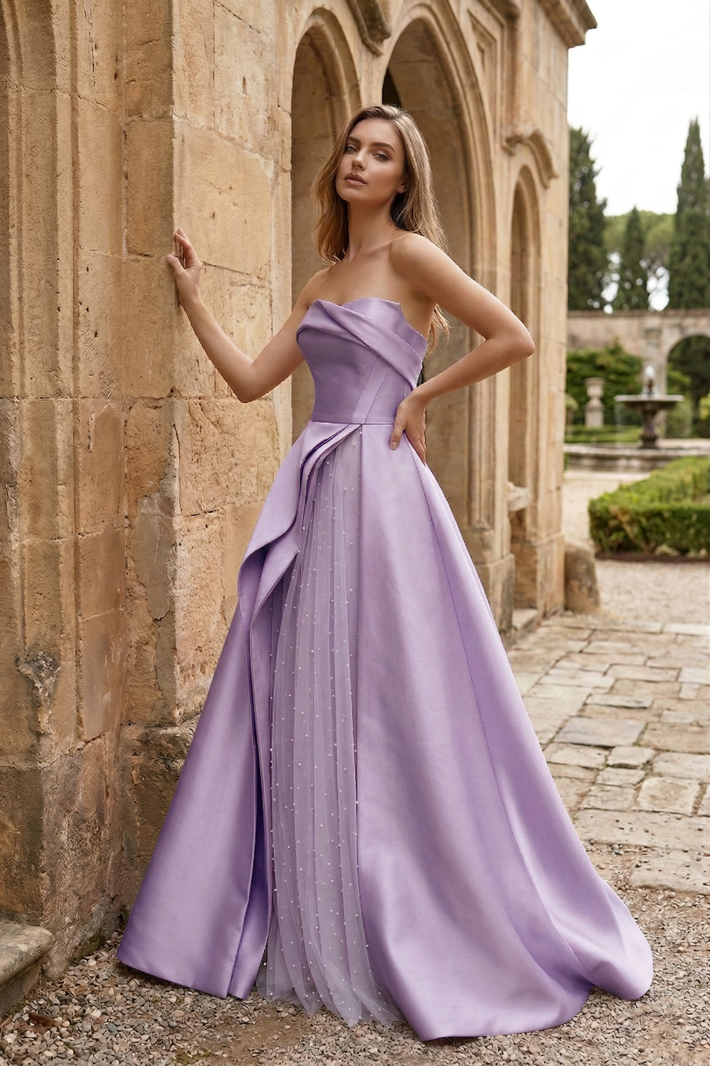 Strapless Draped Satin Ball Gown Prom Dress with Beaded Tulle Overlay | Sevoba