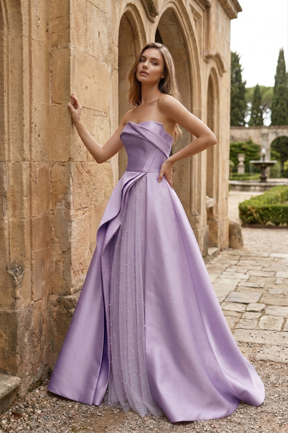 Strapless Draped Satin Ball Gown Prom Dress with Beaded Tulle Overlay | Sevoba