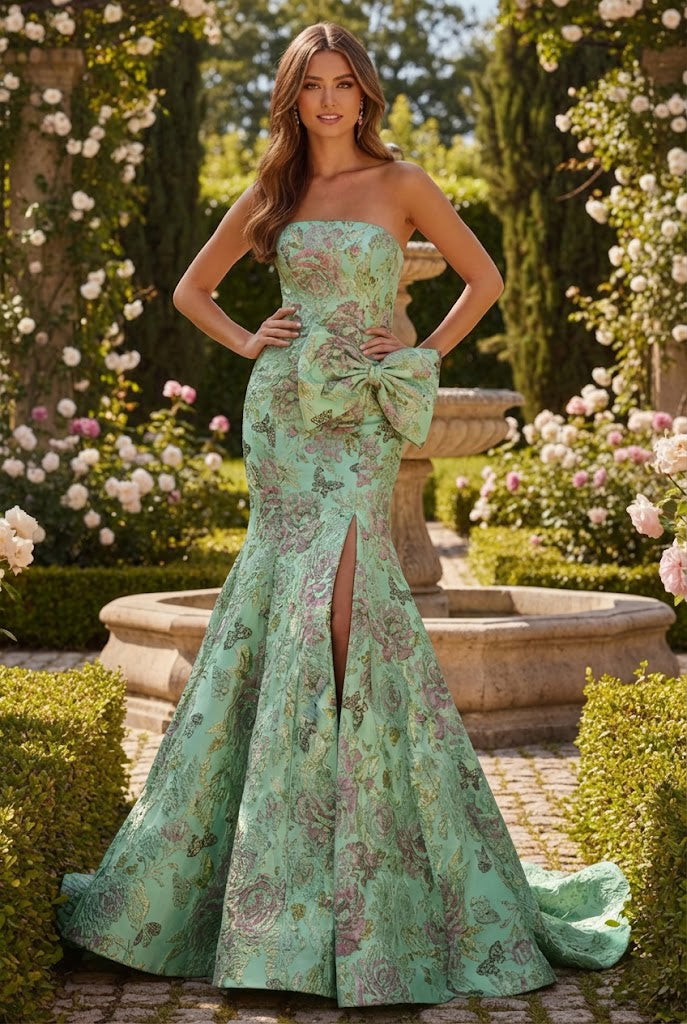 Strapless Floral Jacquard Mermaid Prom Dress with Bow | Sevoba