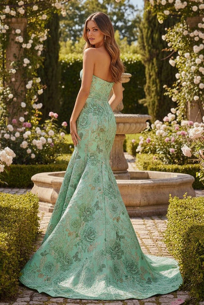 Strapless Floral Jacquard Mermaid Prom Dress with Bow | Sevoba