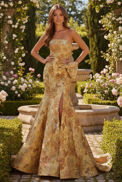 Strapless Floral Jacquard Mermaid Prom Dress with Bow | Sevoba